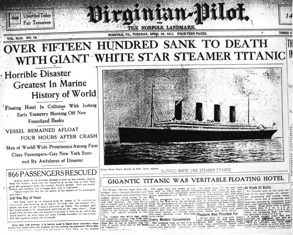 Titanic Newspaper Article: The Virginian Pilot